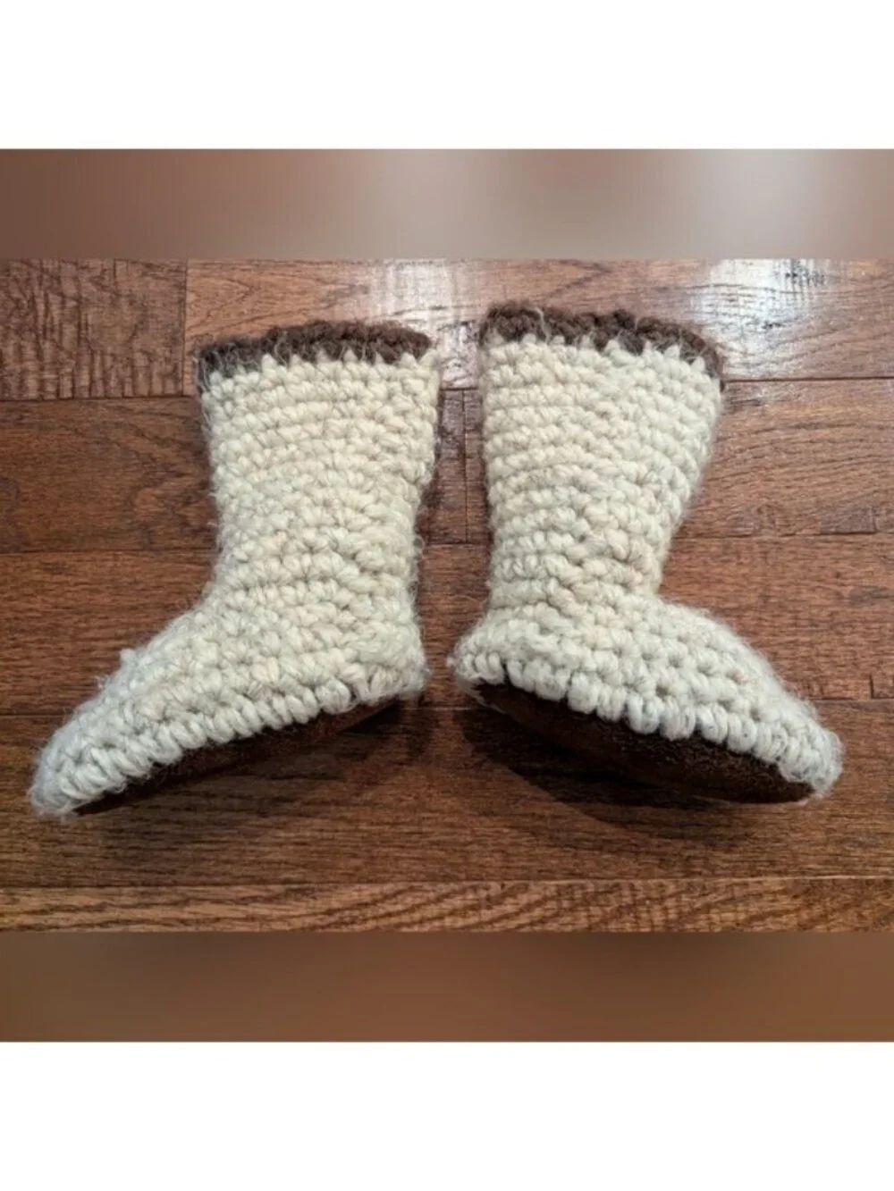 Handmade Wool Suede & Shearling Cream & Brown Crochet Baby Boots Sz 1-2 Years